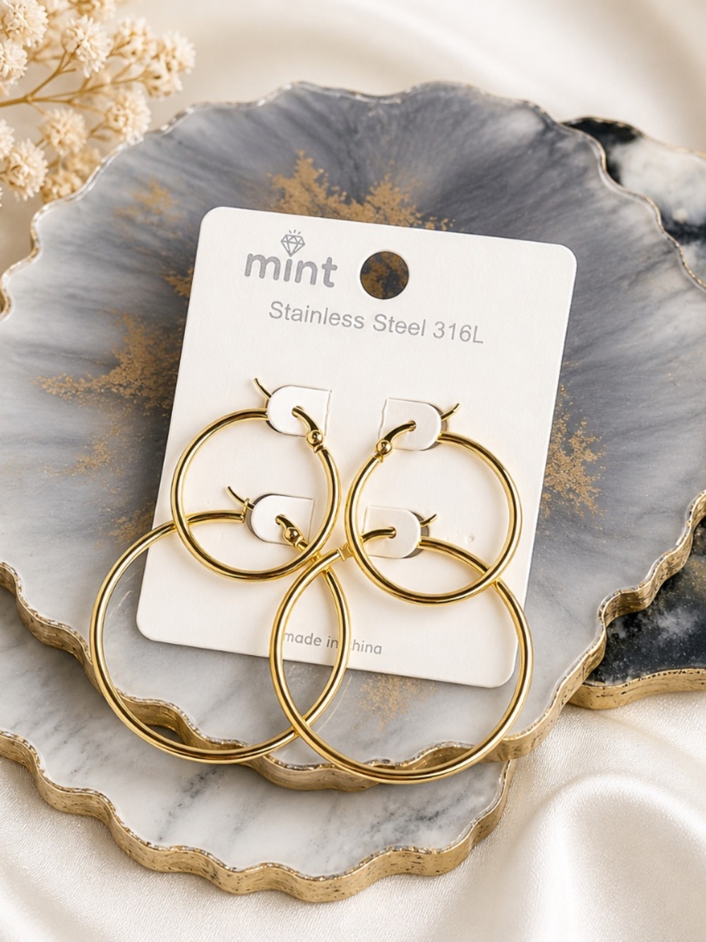 Gold Hoop Earrings Set Stainless Steel 316L 1” & 1.5” Minimalist NWT